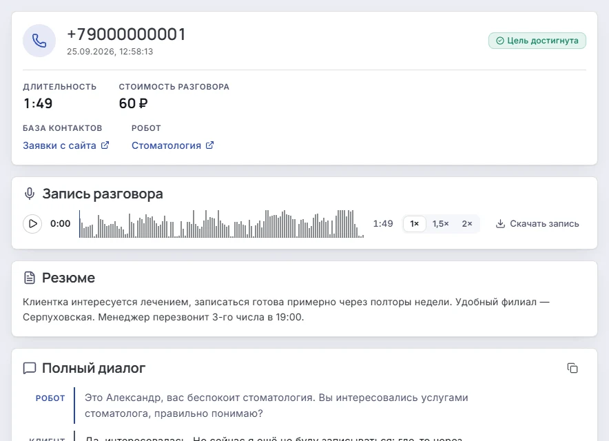 Карточка звонка в кабинете: статус «Цель достигнута», длительность 1:49, стоимость разговора, запись и резюме