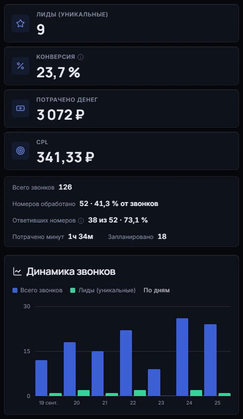 Раздел «Статистика»: лиды, конверсия, потраченные деньги, стоимость лида и динамика звонков по дням